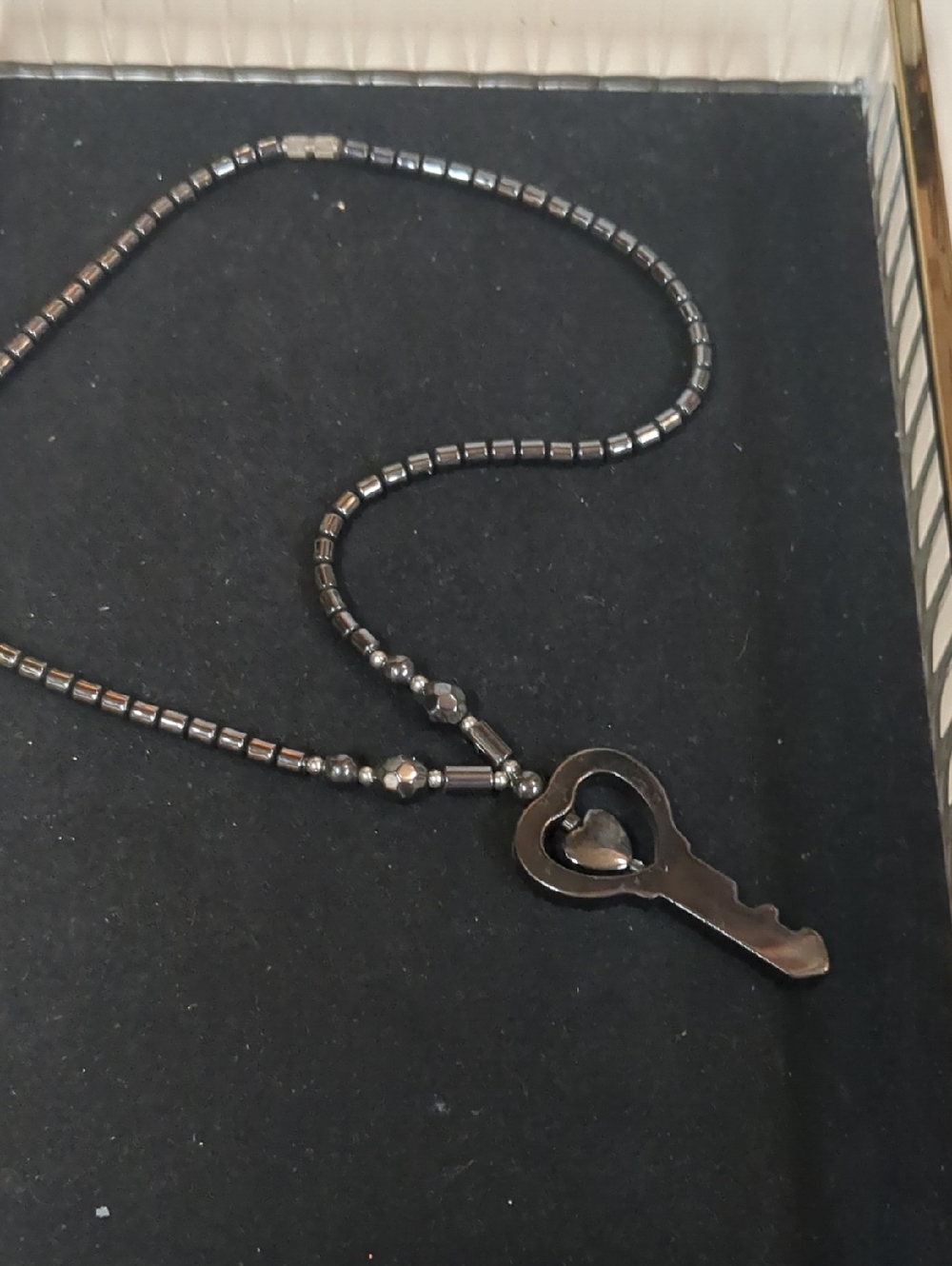 Heart Key Pendant Beaded Necklace - Gunmetal